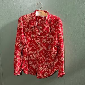 Villager Sport Red Floral Blouse XL Cotton Long Sleeve Button Down Top